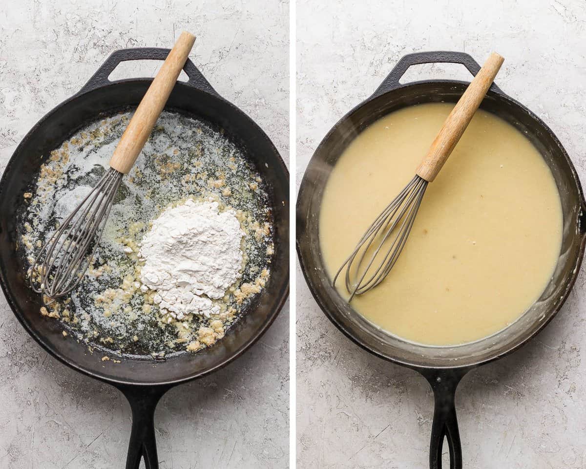 Two images showing the melted butter and flour in a skillet and then after the drippings were whisked in.