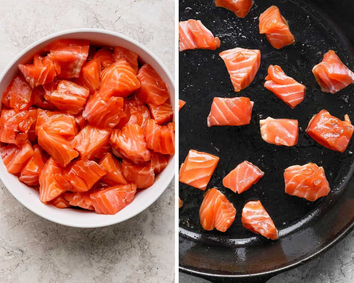 Cubed salmon chunks in a bowl and in a cast iron skillet.