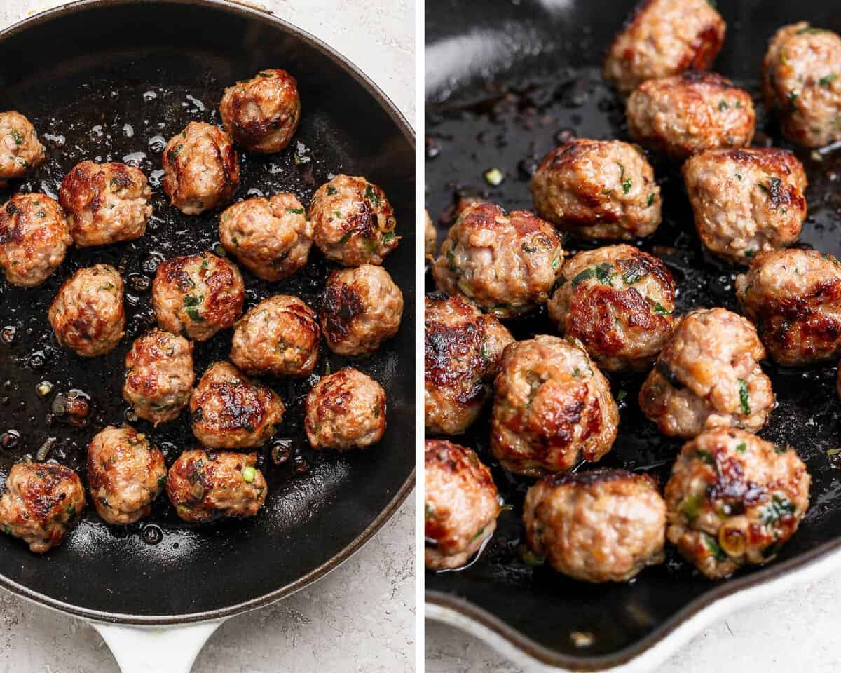 Cooked meatballs in a skillet.