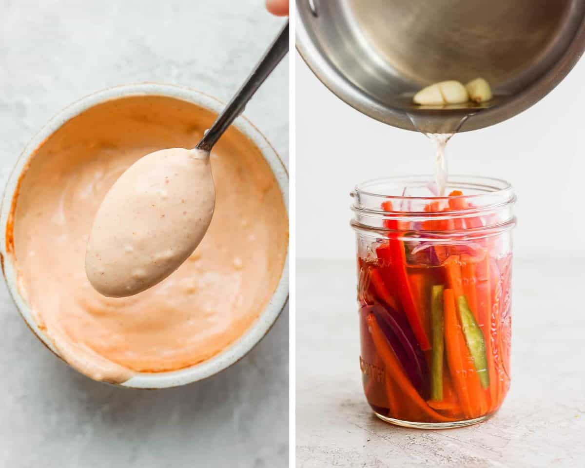 A spoon scooping some spicy mayo out of a bowl.  A sauce pan pouring pickling liquid into a mason jar full of thinly sliced peppers, onions, and carrots.