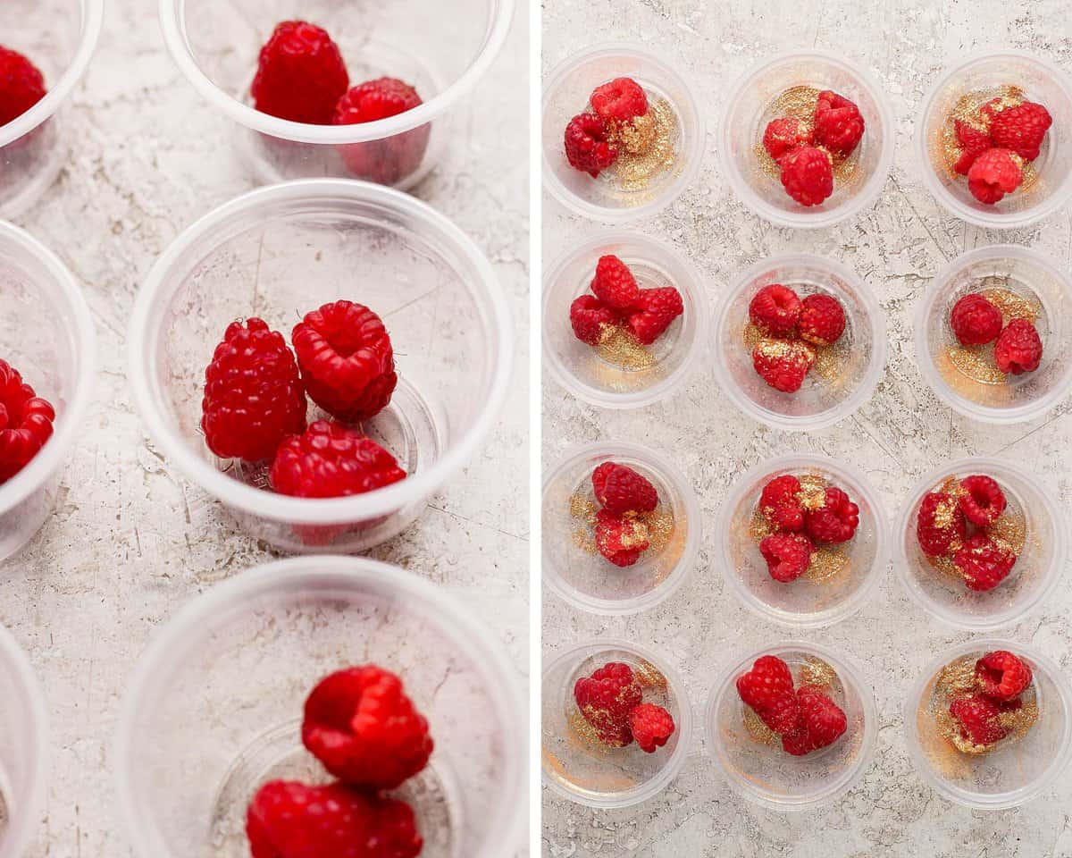 Individual portion cups with 2-3 fresh raspberries in each along with a sprinkling of edible gold glitter.