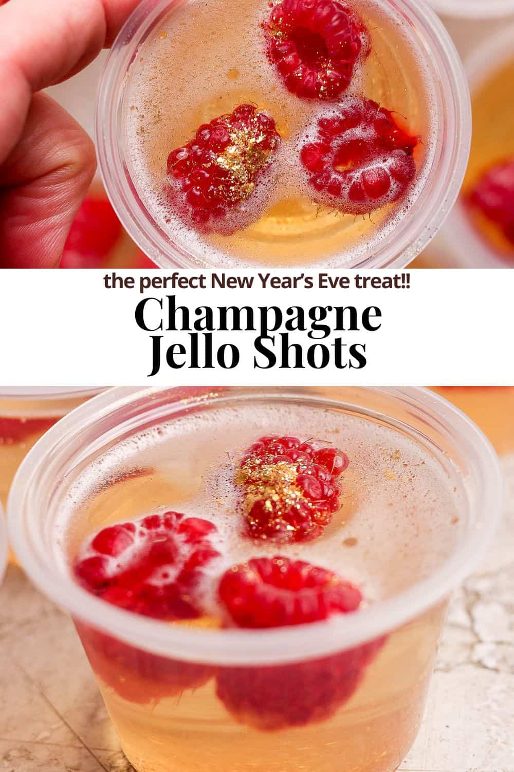 Pinterest image of jello shots with the title champagne jello shots the perfect new year's eve treat.