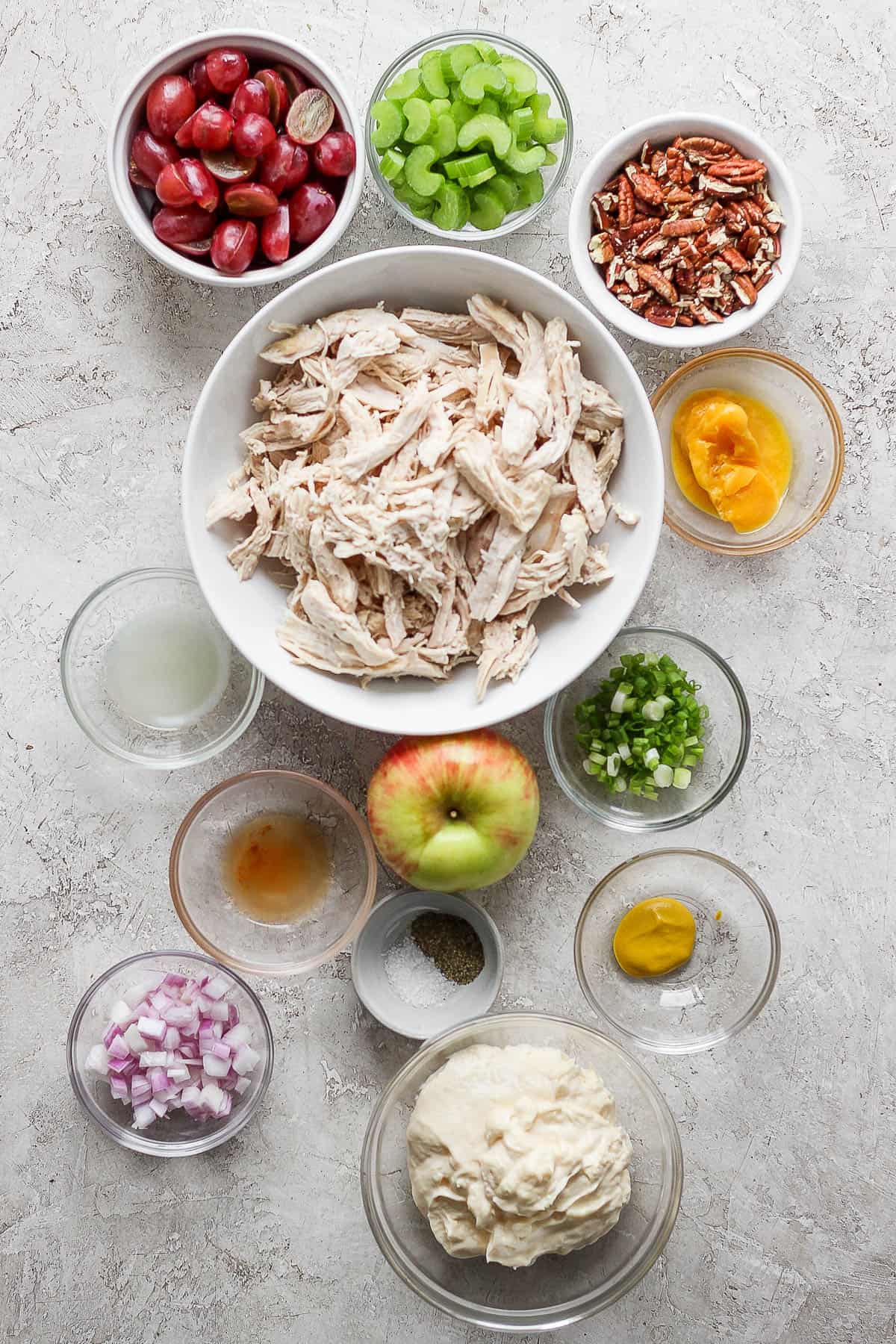 Individual bowls of sliced grapes, sliced celery, chopped pecans, shredded chicken, orange juice concentrate, lemon juice, green onions, chopped apple, apple cider vinegar, salt and pepper, mustard, and mayo.