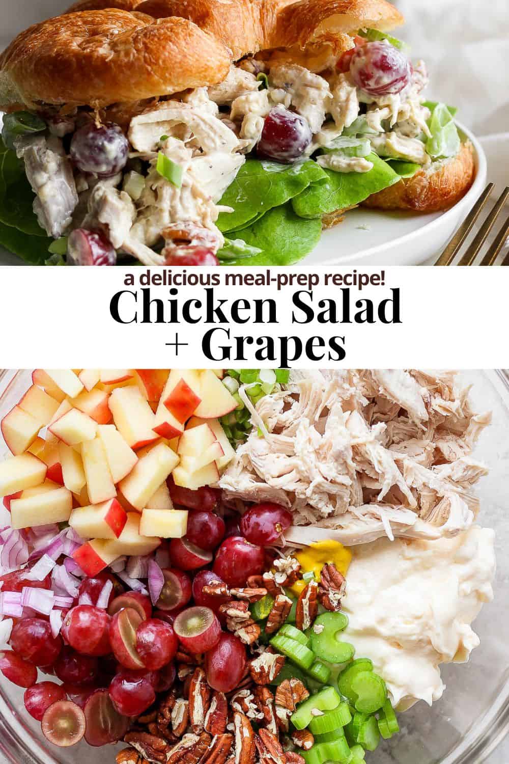 Pinterest image showing chicken salad and grapes with the title, "a delicious meal-prep recipe!"