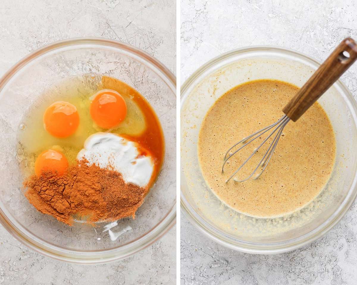 Two images showing the eggs, cream, cinnamon, nutmeg, and vanilla extract in a bowl before mixing and after.