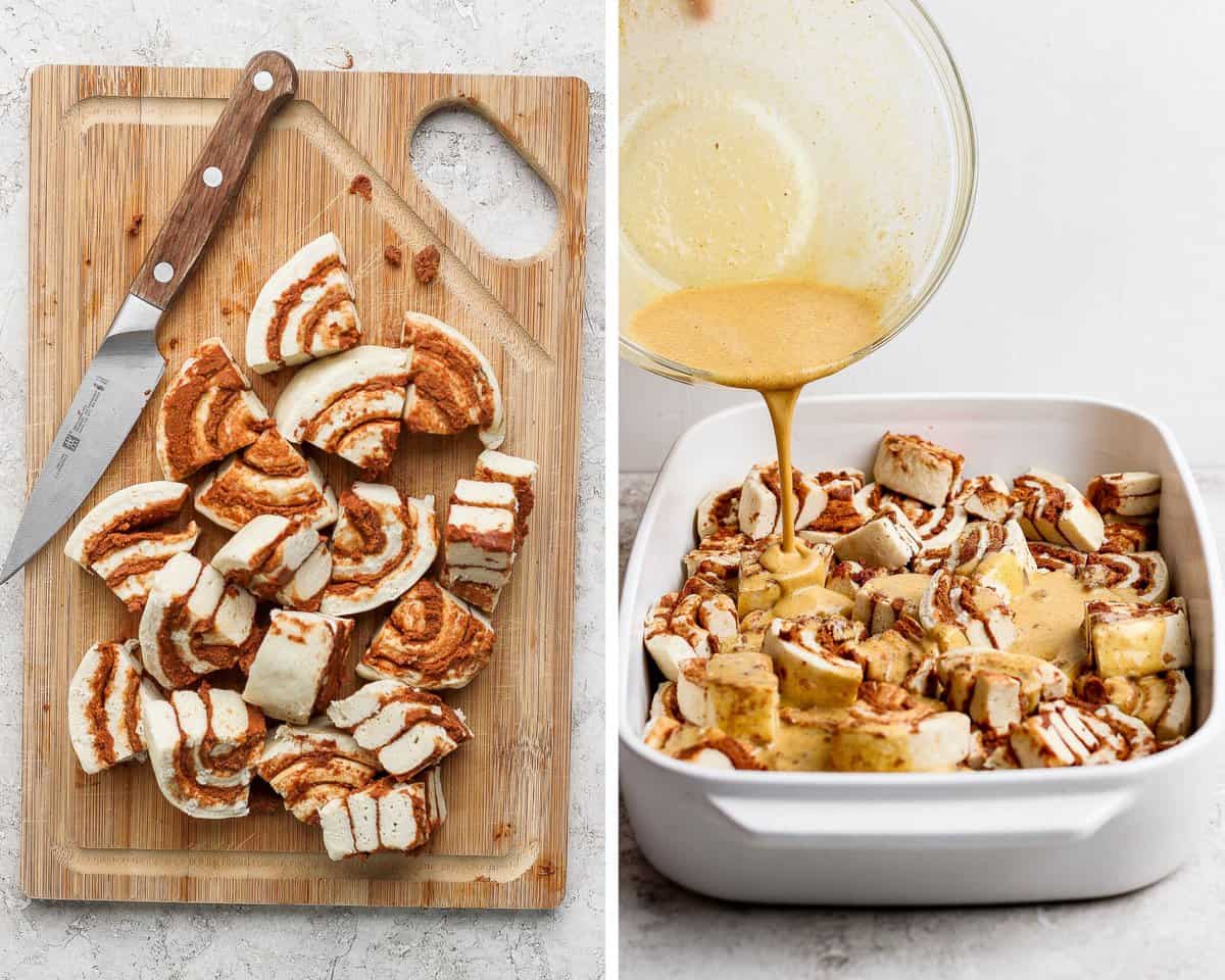 Two images showing the cinnamon rolls cut into quarters and then in the baking dish with the egg mixture being poured on top.