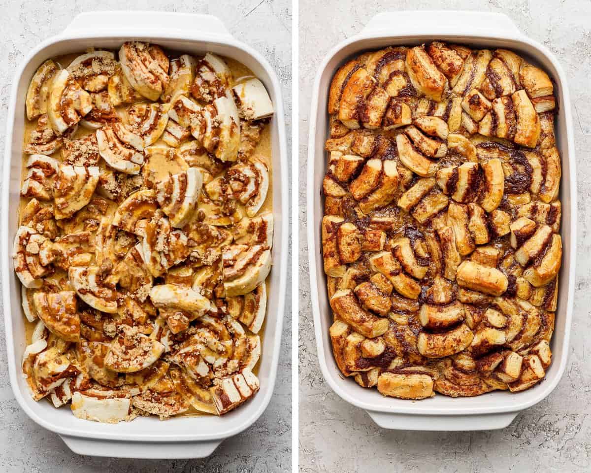 Two images showing the cinnamon roll casserole before baking and after.