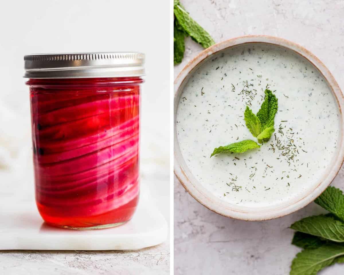 Two images showing the pickled onions and tzatziki sauce.