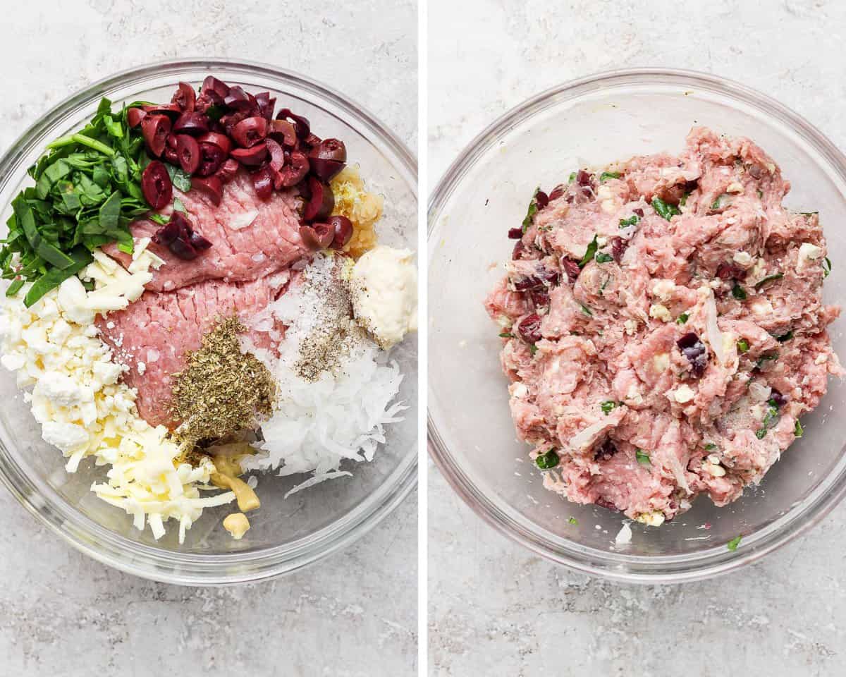 Two images showing the turkey burger mixture in a bowl separate and mixed together.