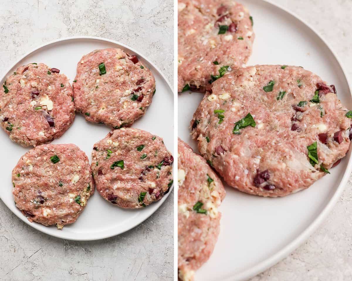 Two images showing the turkey burger patties on a white plate.