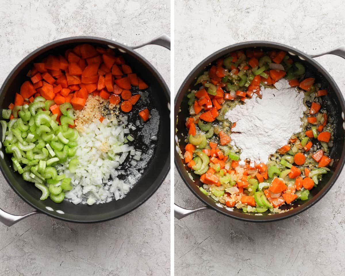 Two images showing the vegetables sautéing in the pot and then the rest of the butter and flour added.