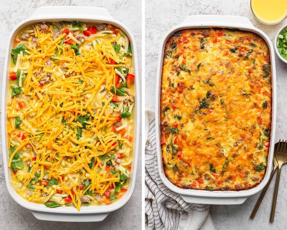 Casserole dish topped with shredded cheese and then baked.