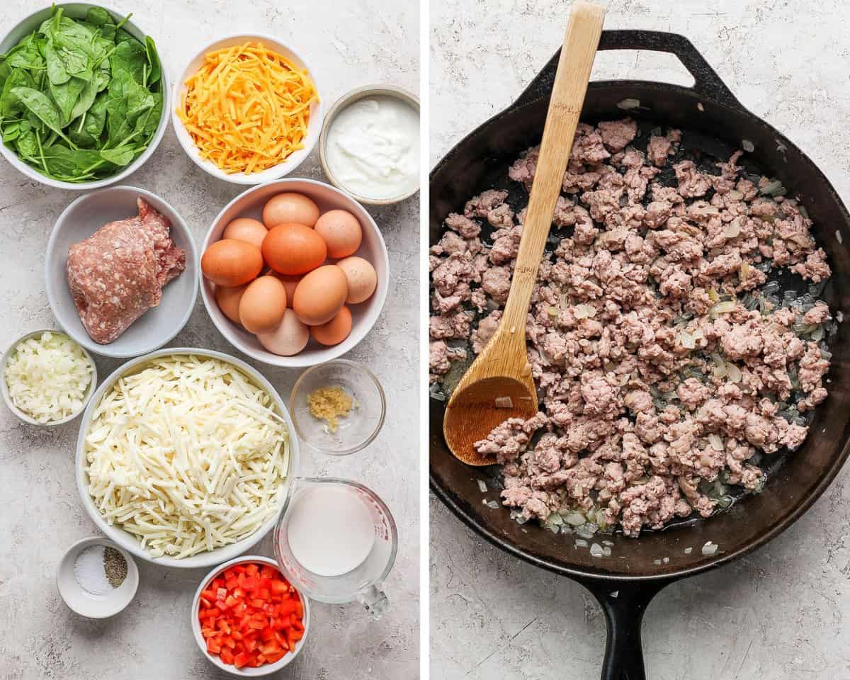 Individual bowls of spinach, shredded cheddar cheese, ground beef, eggs, onions, shredded hash browns, minced garlic, greek yogurt, butter, salt and pepper, and diced red bell pepper.  Ground beef and onions being cooked in a skillet.