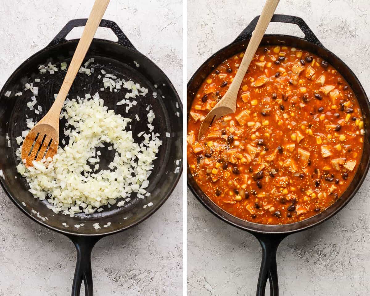 Diced onion in a cast iron skillet alongside another shot of the same skillet with the corn, beans, chicken, quinoa, and enchilada sauce added.