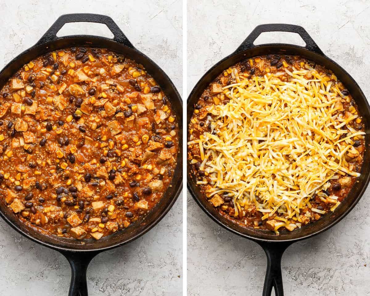 The same skillet with all the ingredients after it's been baked and then topped with shredded cheese.