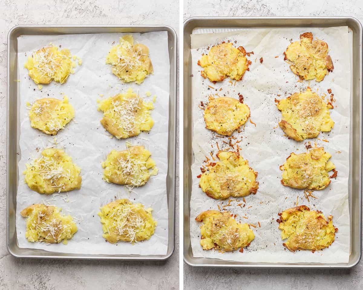 Two images showing the smashed potatoes before cooking and after.