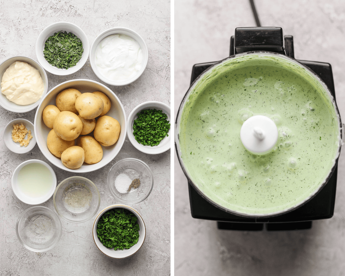 Two images showing the ingredients for the herby green sauce in bowls and then blended in a food processor.