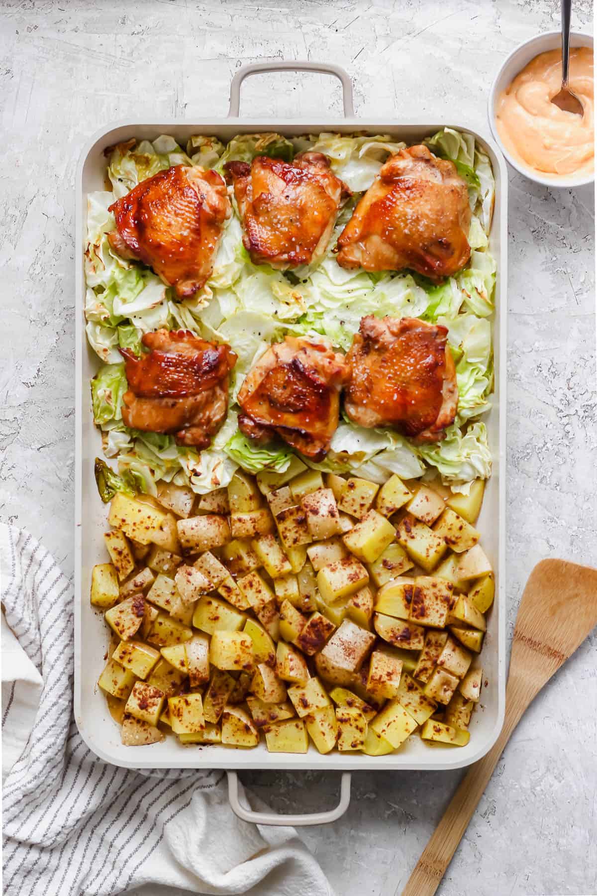 The full sheet pan dinner after baking in the oven.