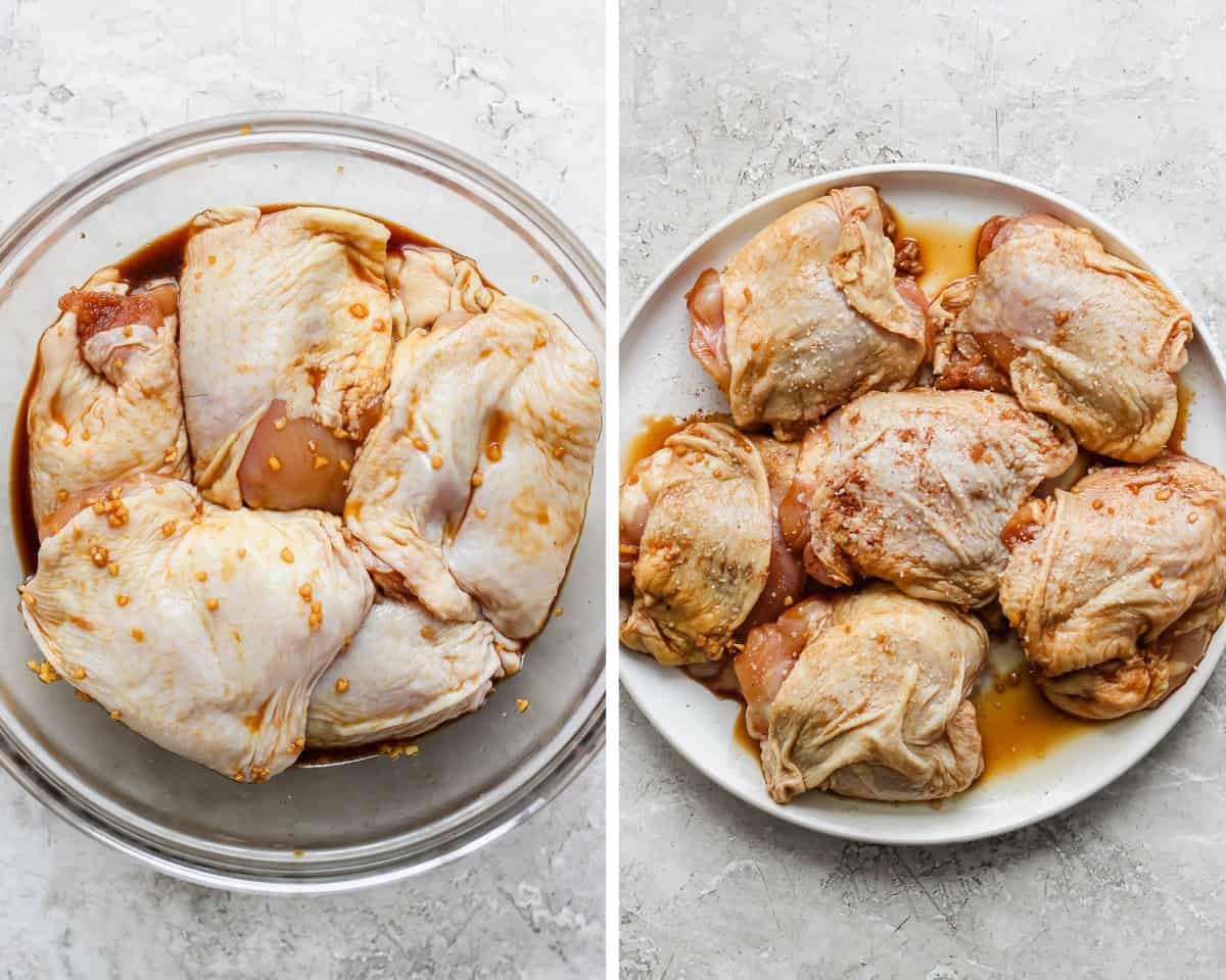 Two images showing the chicken thighs in the marinade and then on a plate before searing.