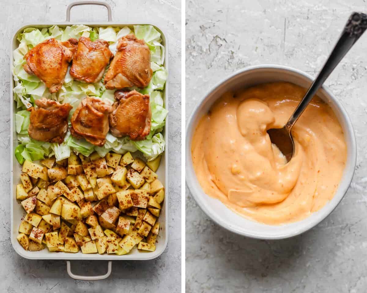 Two images showing the seared chicken on top of the cabbage before baking and a small bowl of the mayo mixture.