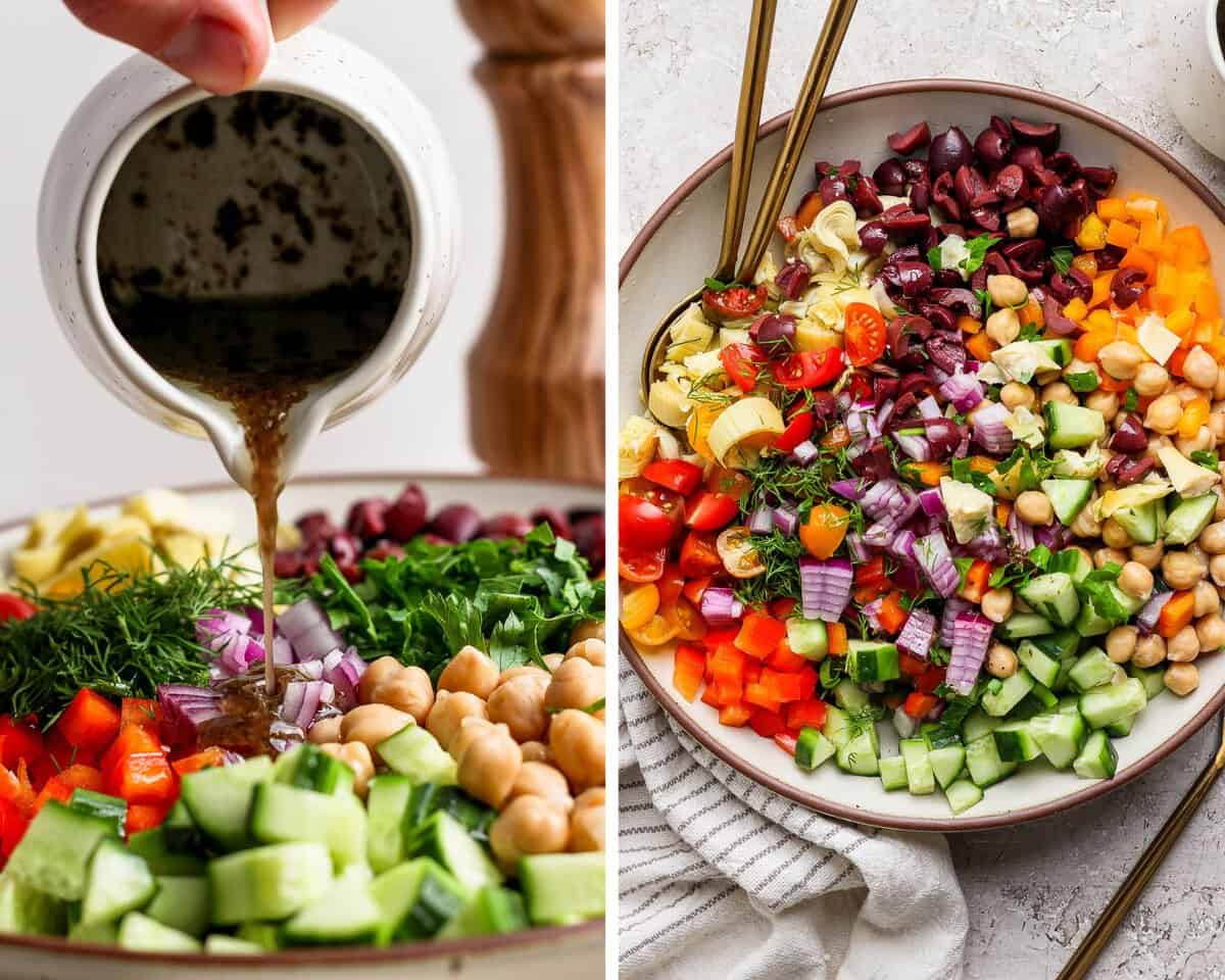 Two images showing the salad tossed in a serving bowl and with dressing being poured on top.