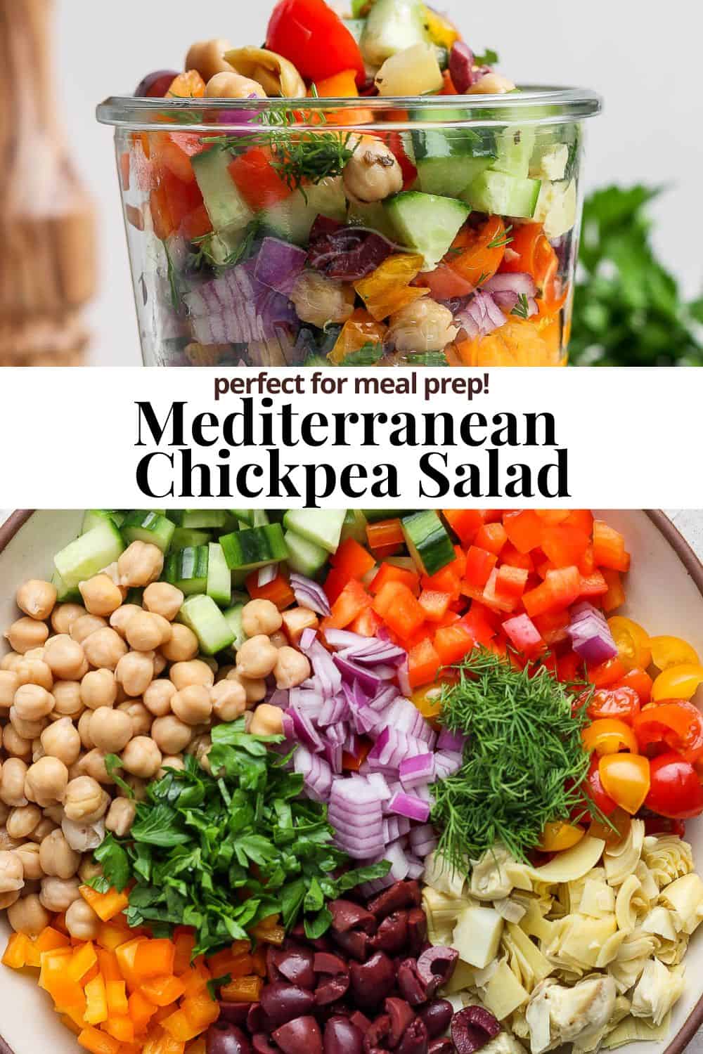 Pinterest image for mediterranean chickpea salad.