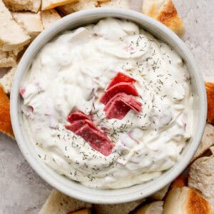 A bowl of homemade bagel dip with cut up pieces of bagel around it.