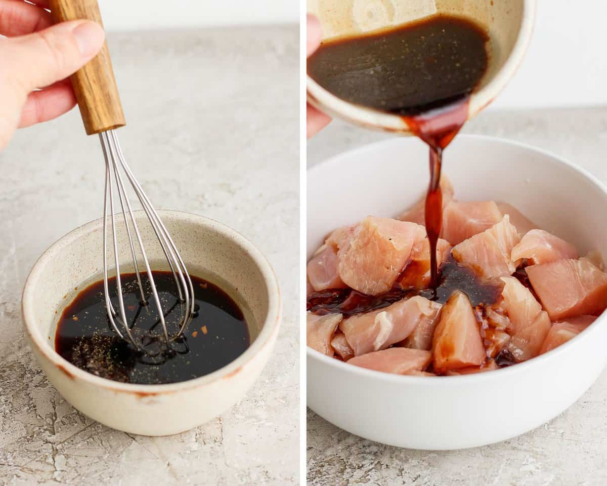 Marinade being whisked and then poured over the cubed chicken that's in a bowl.