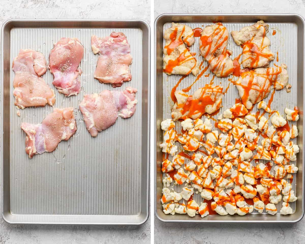 A sheet pan with 5 chicken thighs off to one side seasoned with olive oil, salt, and pepper.  The same sheet pan with the chicken and cauliflower florets cooked and drizzled with buffalo sauce.