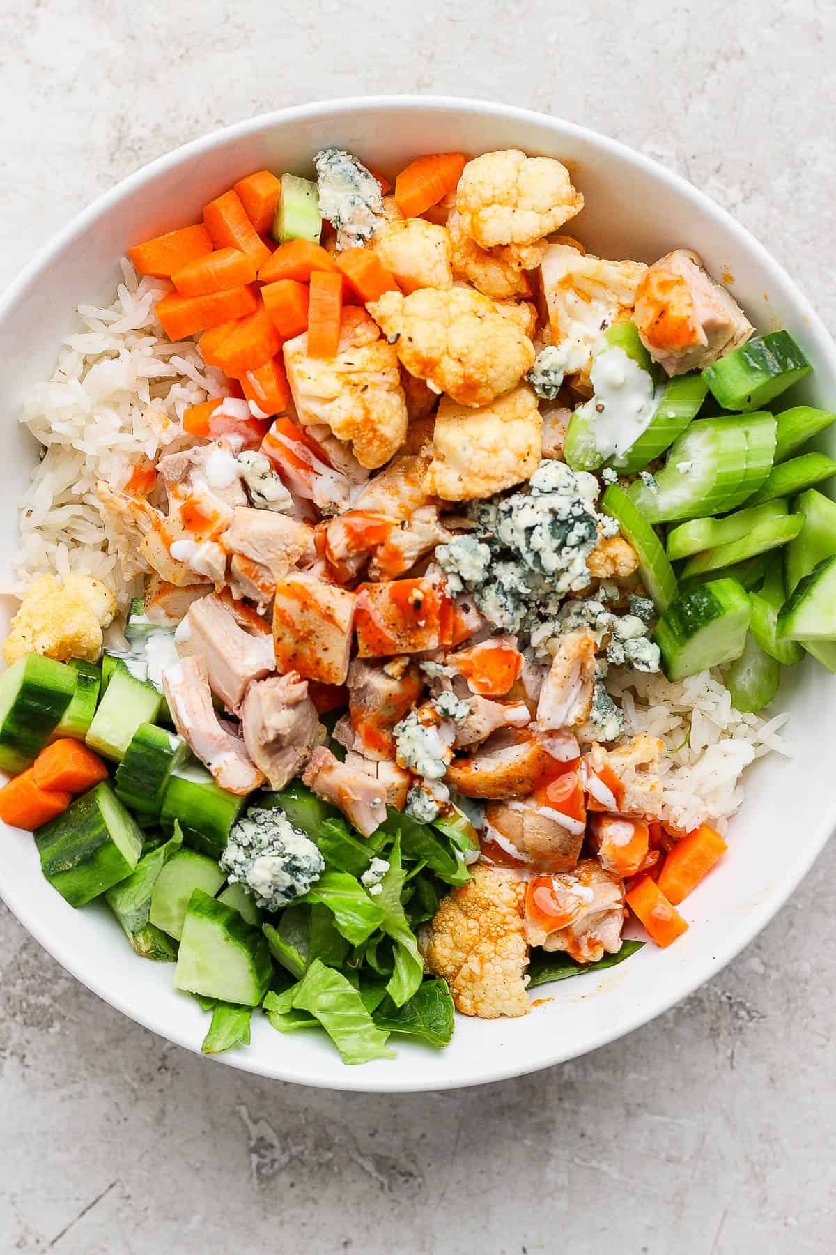 Buffalo Chicken Rice Bowl in a bowl.