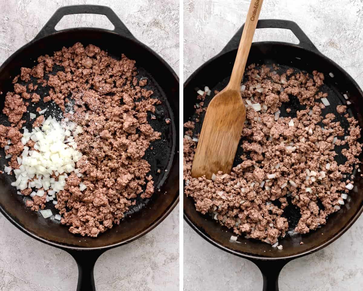  A cast iron skillet with ground beef, seasonings, and onion.