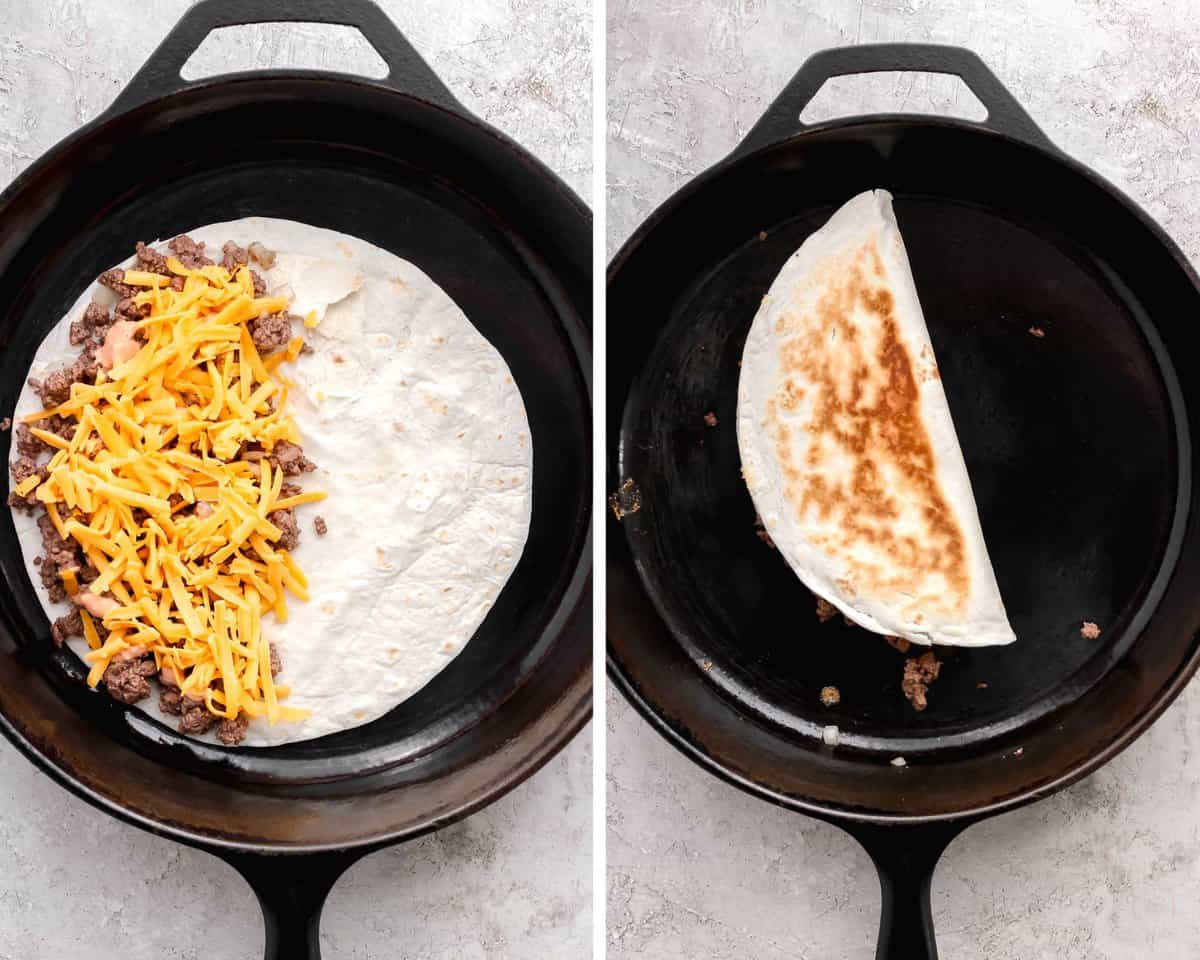 An opened tortilla on a cast iron skillet with ground beef, burger sauce, and shredded cheese on one side. The same tortilla with the other half folded over the half with the filling.