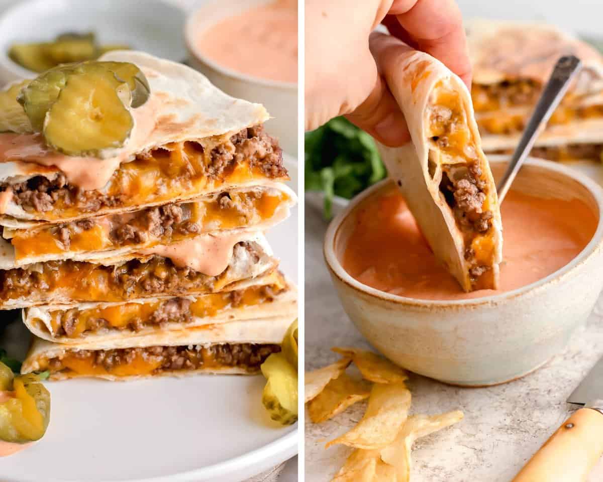 A stack of cheese quesadillas on a plate and a hand dunking a quesadilla into burger sauce.