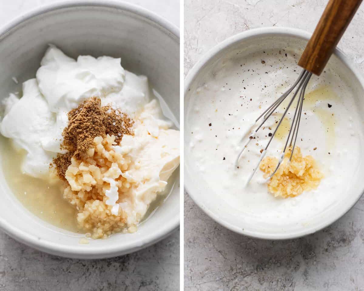 Two images showing the garlic sauce before being mixed and after.