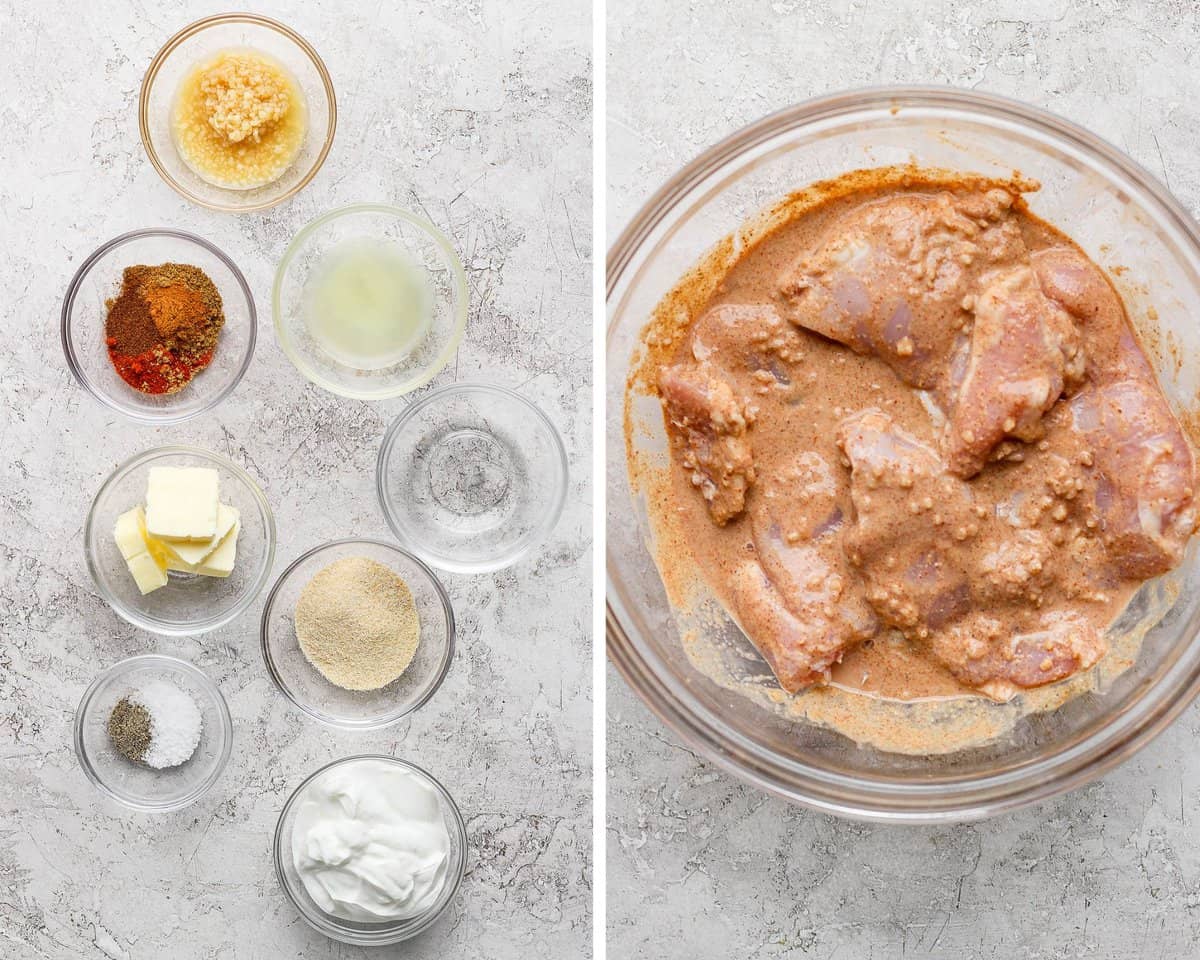 Two images showing the marinade ingredients in separate bowls and then mixed and coating the chicken.