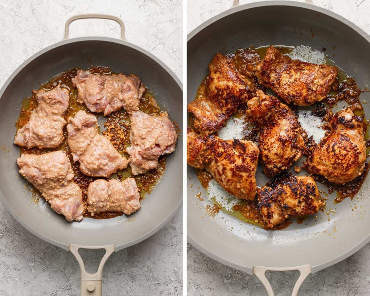 Two images showing the marinated chicken added to the pan and then fully cooked in the skillet.