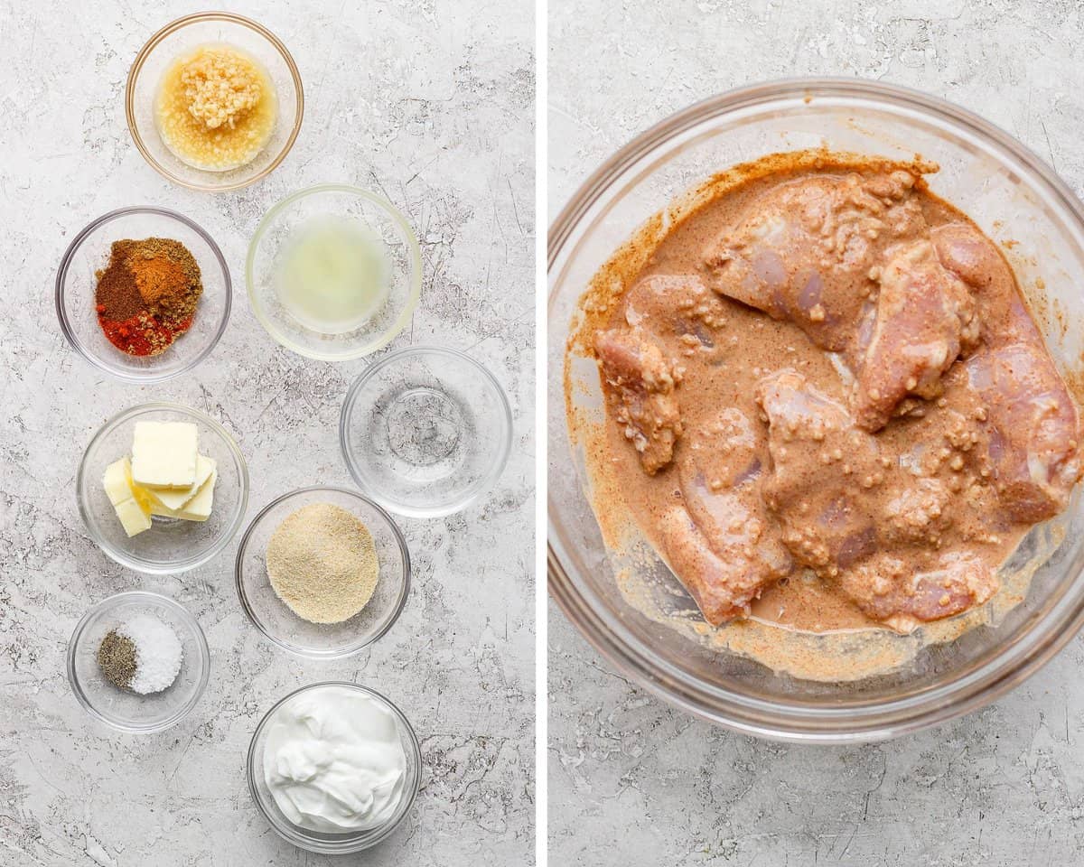 Two images showing the marinade ingredients in separate bowls and combined with the chicken.