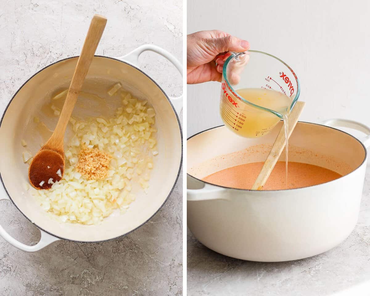 Two images showing the onion and garlic sautéing in the pot and then the broth being poured in.