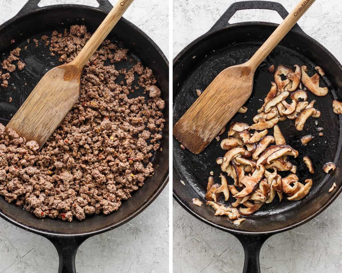 Two images showing the ground beef and mushrooms being cooked separately in a skillet.