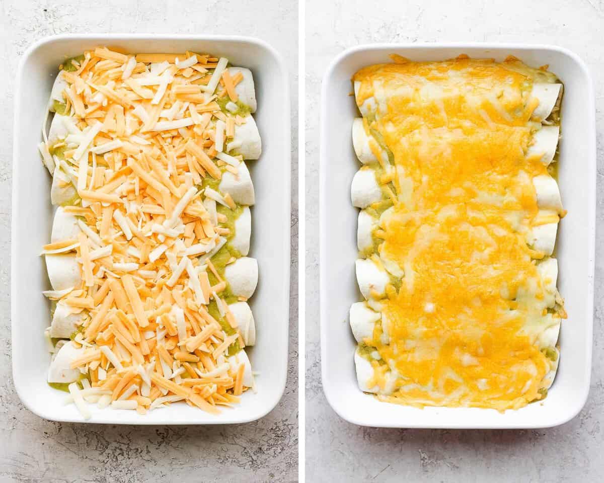 Two images showing the pan of enchiladas before baking and after.