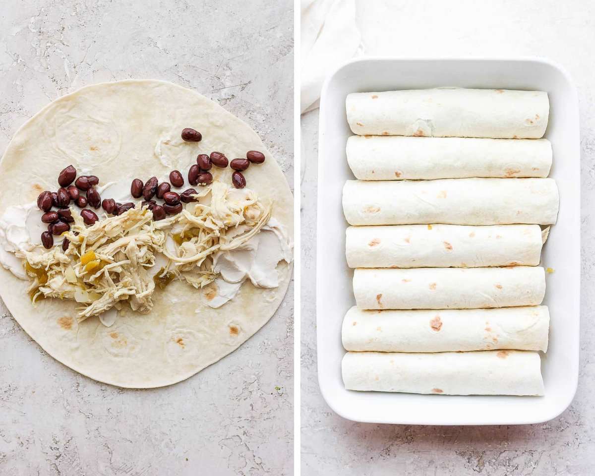 Two images showing the filling inside of a tortilla and filled tortillas in a white baking dish.