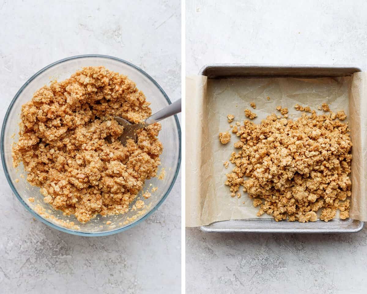 Two images showing the crust mixed in a glass bowl and then poured into a parchment-lined baking pan.