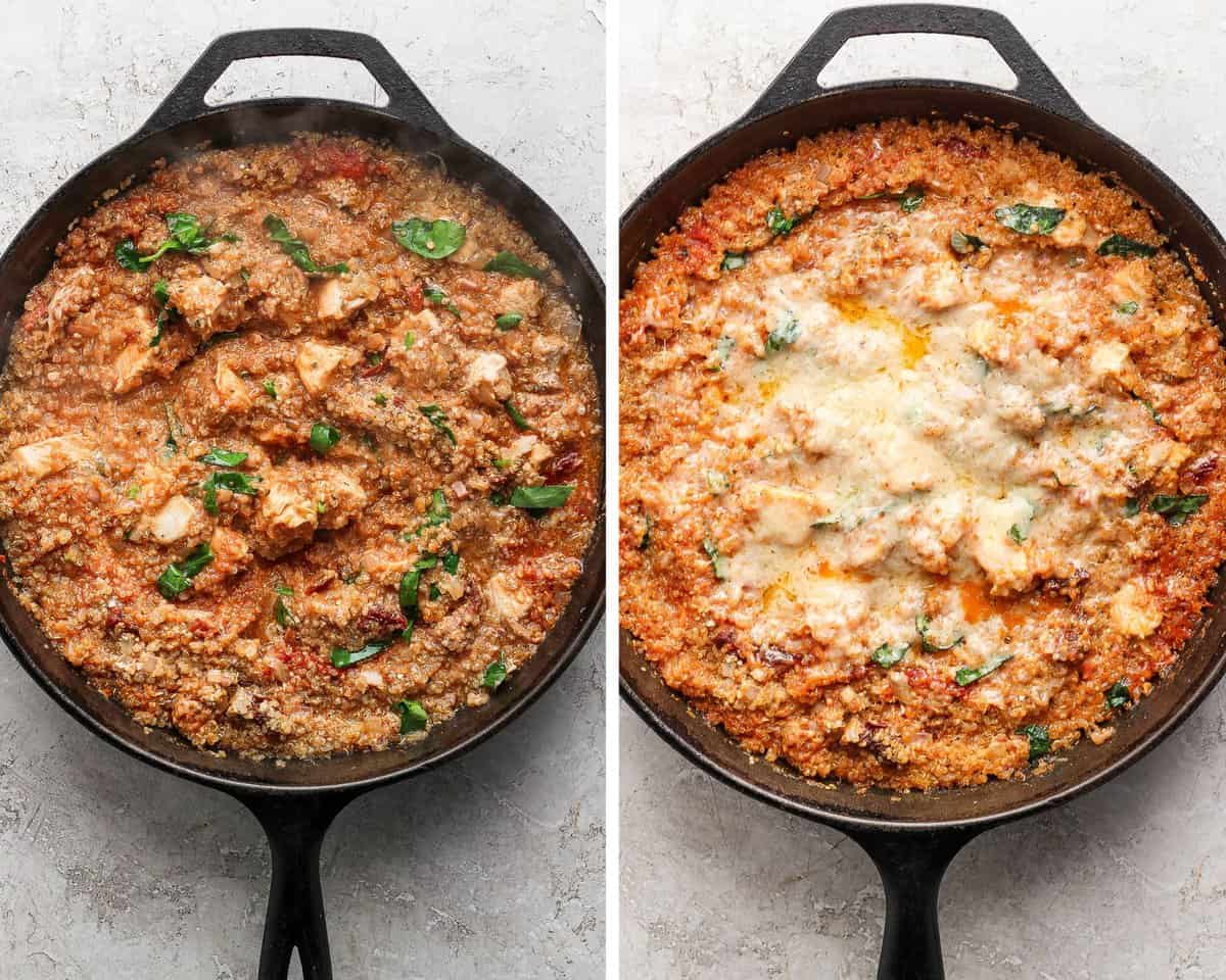 All of the ingredients baked in the skillet and topped with cheese.