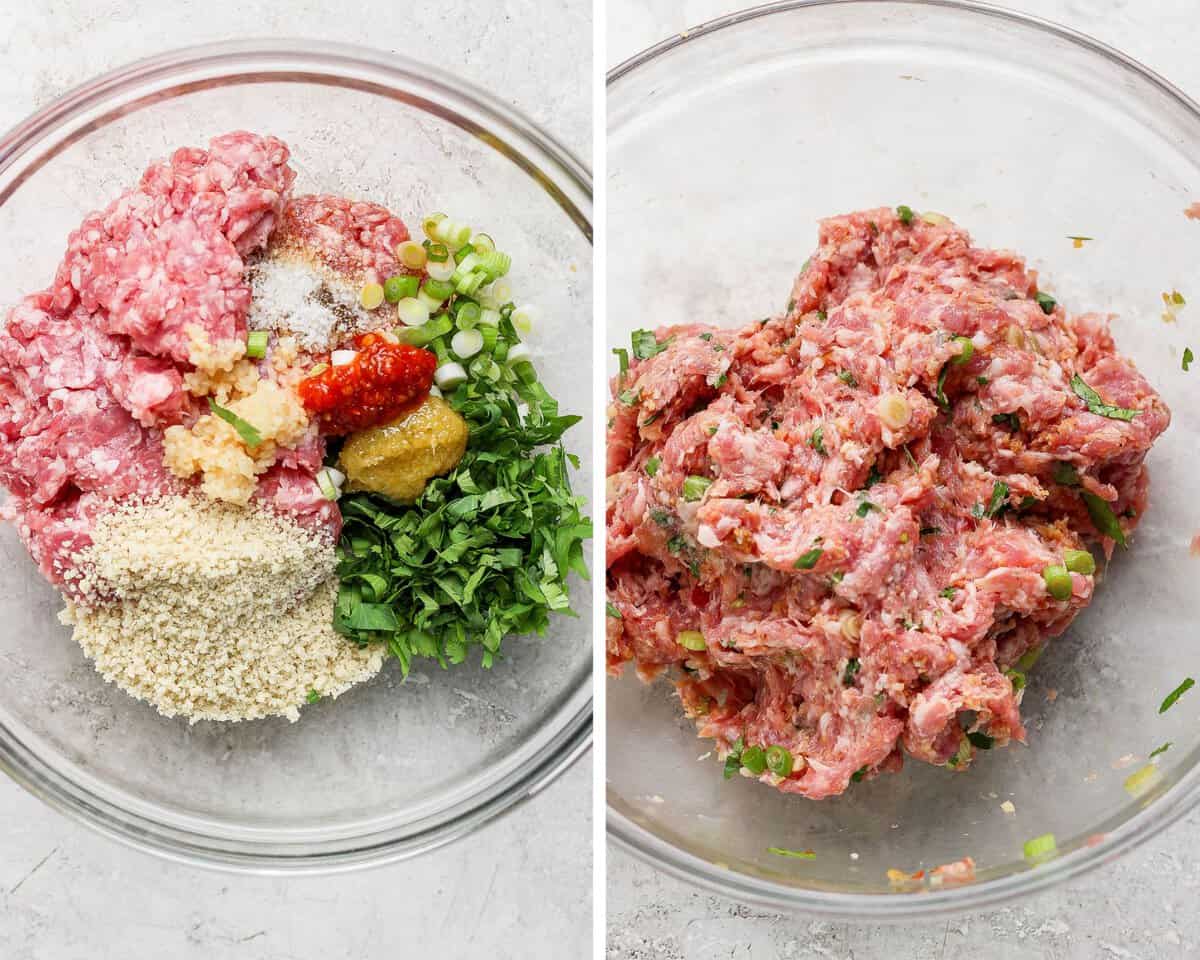 Ground pork, cilantro, green onions, garlic, fish sauce, garlic chili sauce, soy sauce, lemongrass paste, breadcrumbs, salt, and pepper in a large mixing bowl mixed together.