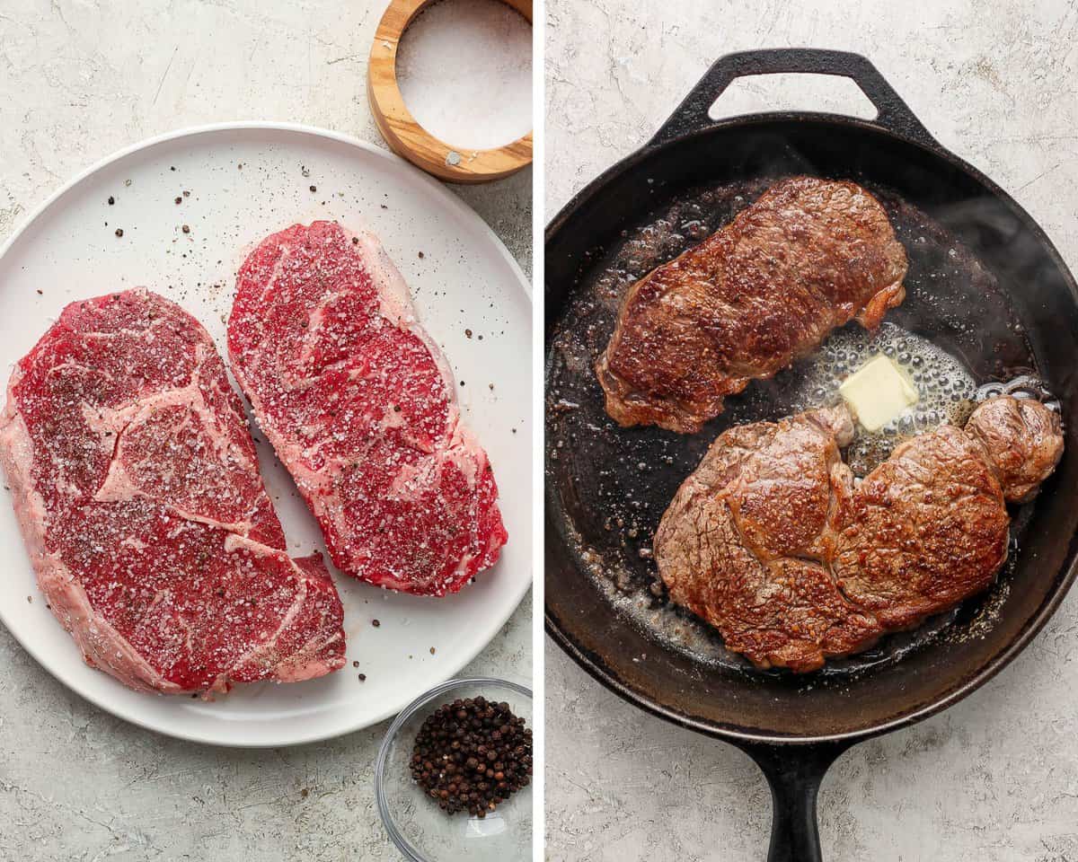 Two images showing the seasoned steaks on a plate and searing in a skillet with butter.