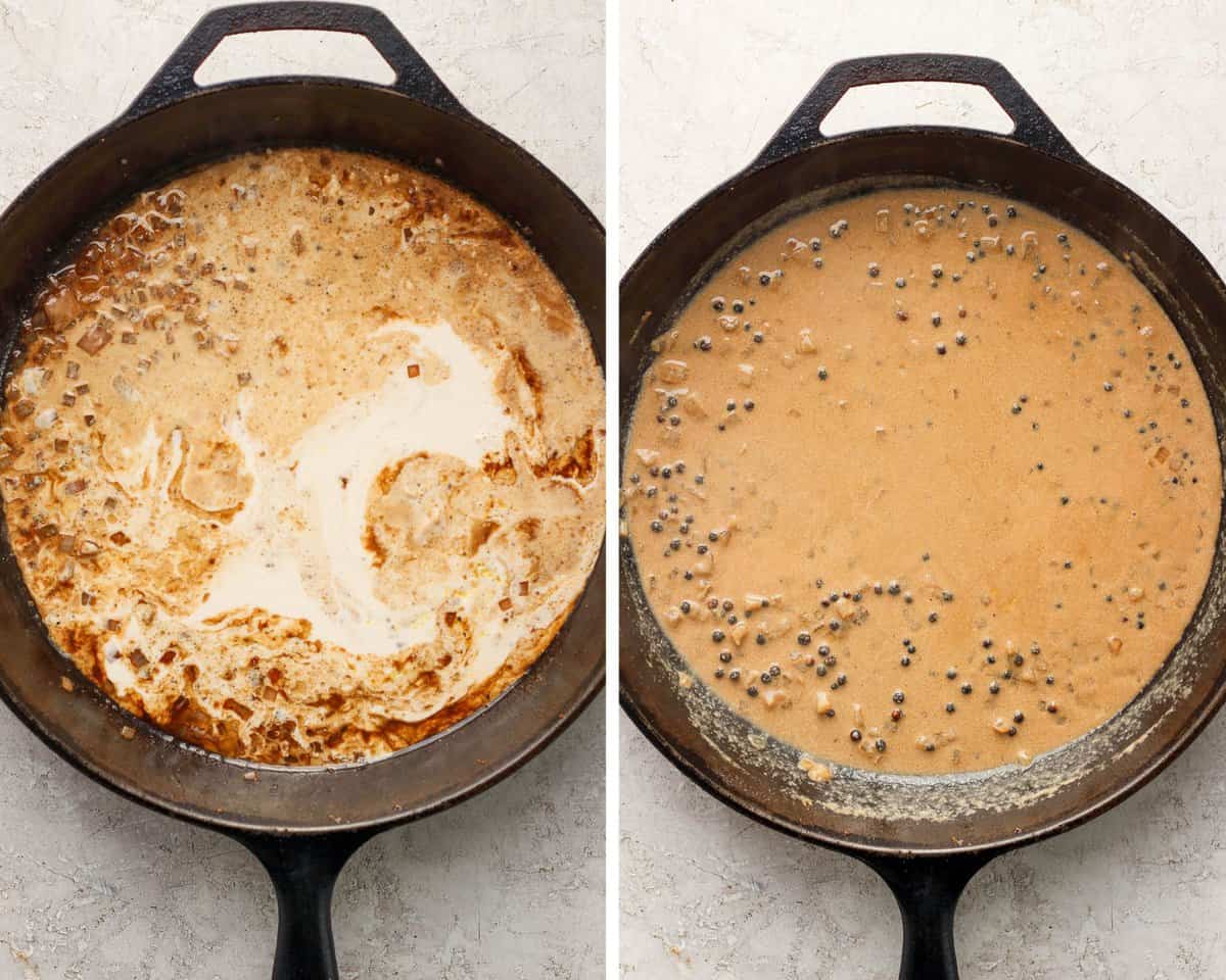 Two images showing the sauce ingredients added to the pan and then fully mixed.