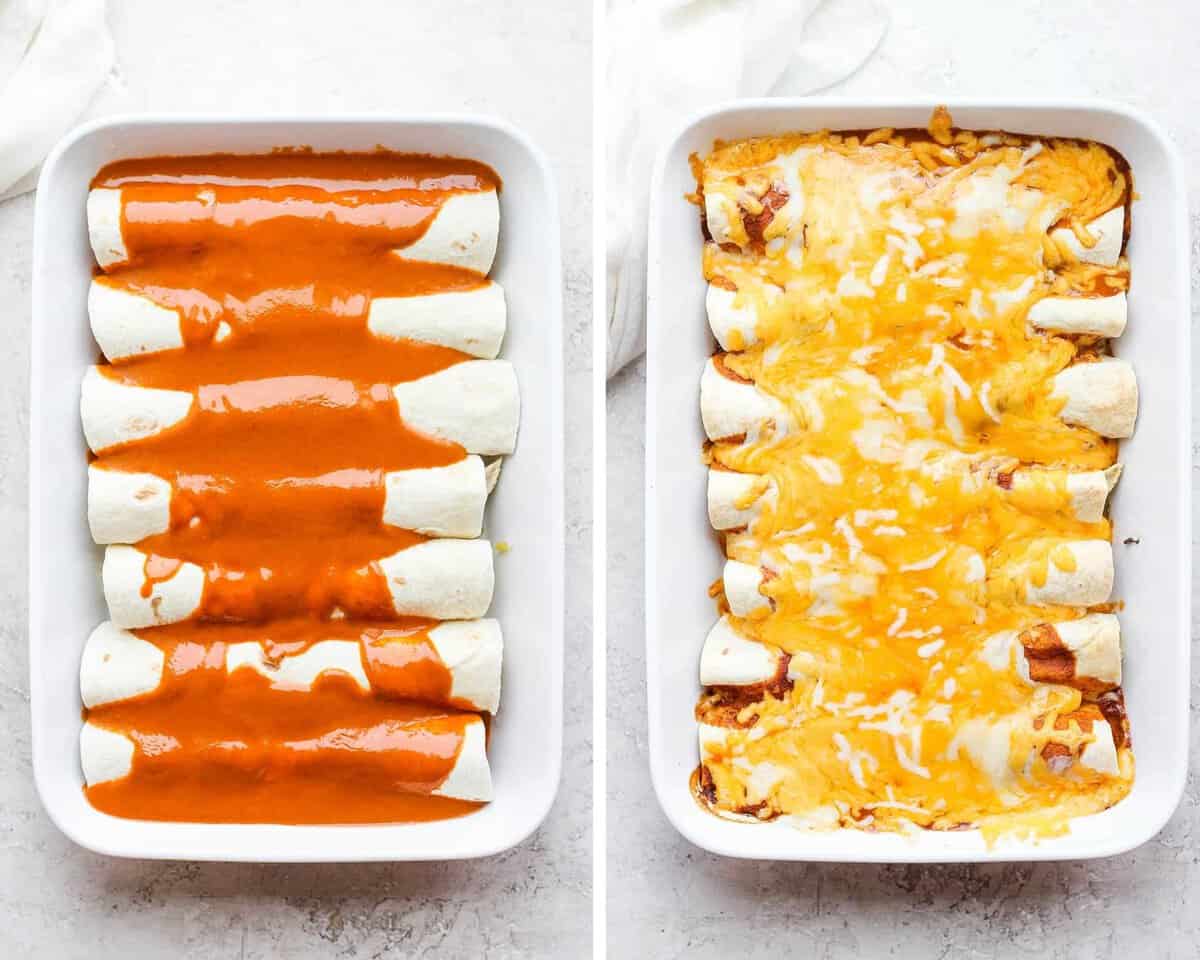 Two images showing the sauce poured on top and after baking with cheese.