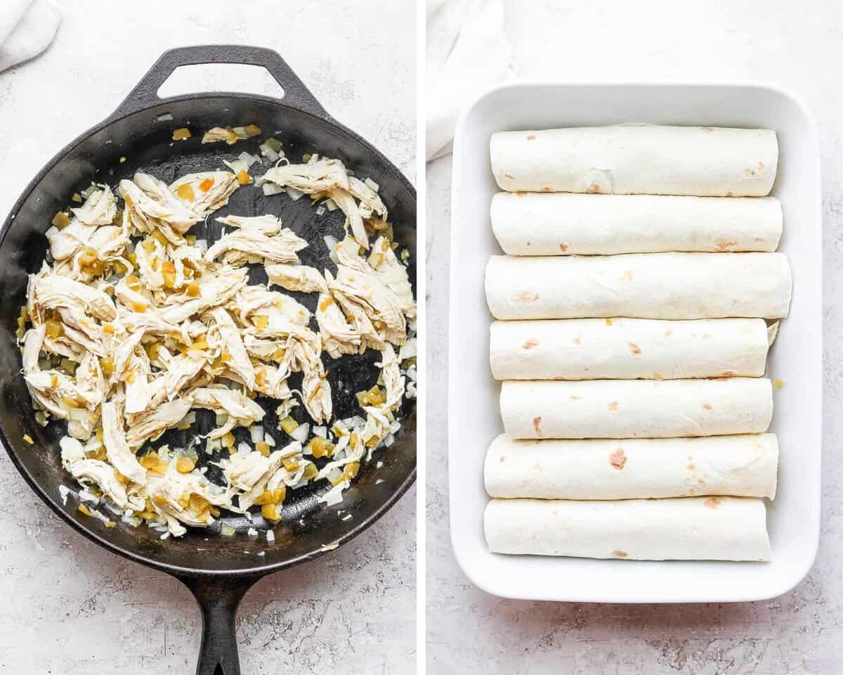 Two images showing the chicken mixture in a skillet and the filled tortillas in a white baking pan.