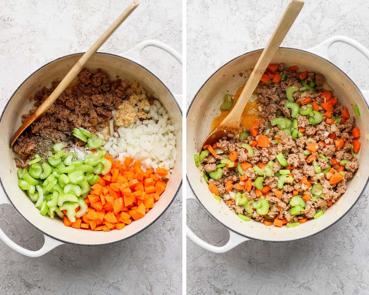 Two images showing the vegetables and seasonings added to the pot and then after cooking for a few minutes.