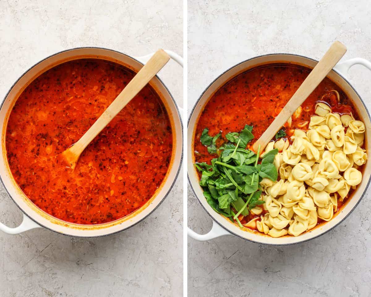 Two images showing the broth and vodka sauce added to the pot and then the tortellini and spinach added.